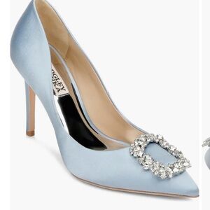 Badgley Mischka Light Blue Satin Pointed-Toe Heels with Crystal Buckle